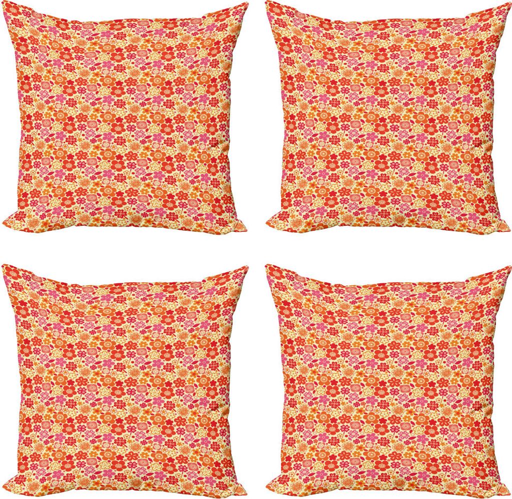 ABAKUHAUS Blumen Kissenbezug Set (4 Stück), Grafische Blüten und Blätter, Moderner Doppelseitiger Digitaldruck, 40 cm x 40 cm, Yellow Vermilion