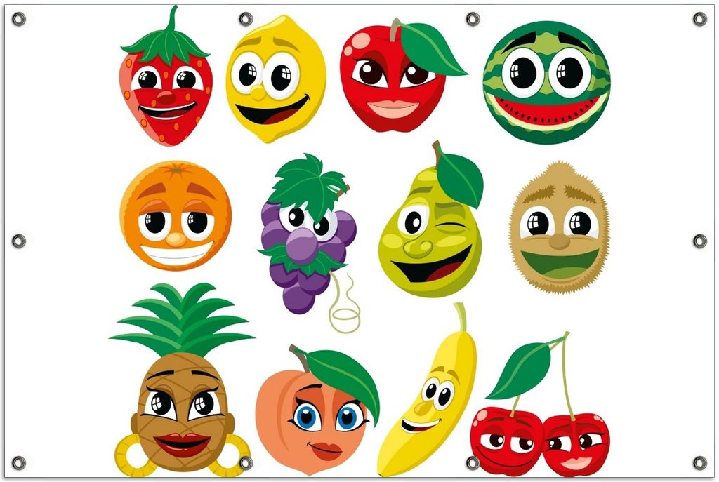 Wallario Outdoor-Poster für Garten oder Balkon, Motiv Obst-Smilies im Comic-Stil - Lustige Früchte, in ca. 100 x 150 cm