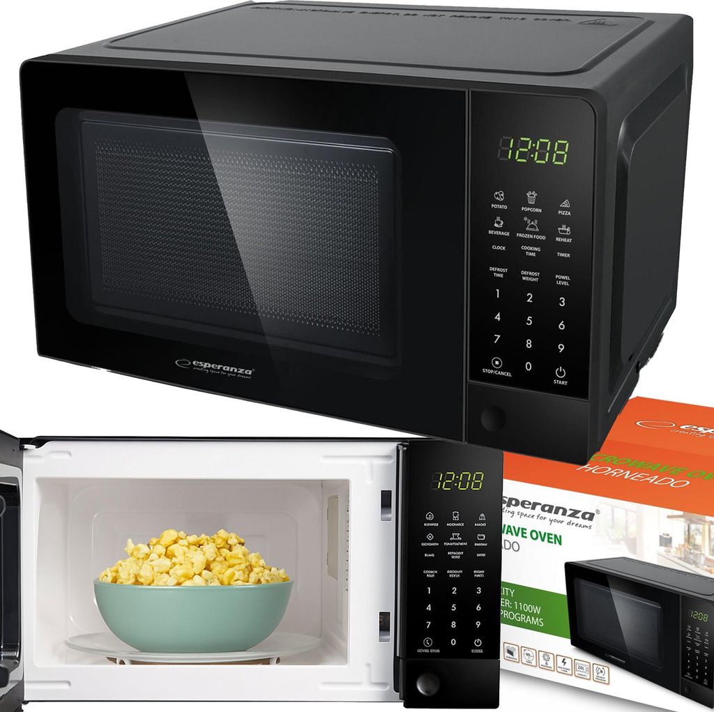 A collage of images showing a black microwave oven, its interior with popcorn, and its control panel.