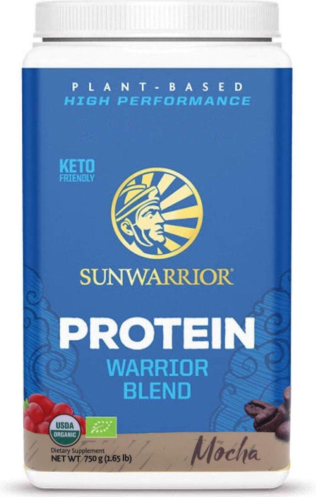 A product shot of a Sunwarrior Warrior Blend Organic protein powder container.
