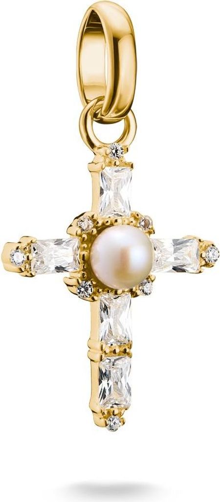 A close-up studio shot of a gold cross charm with a pearl and clear stones.