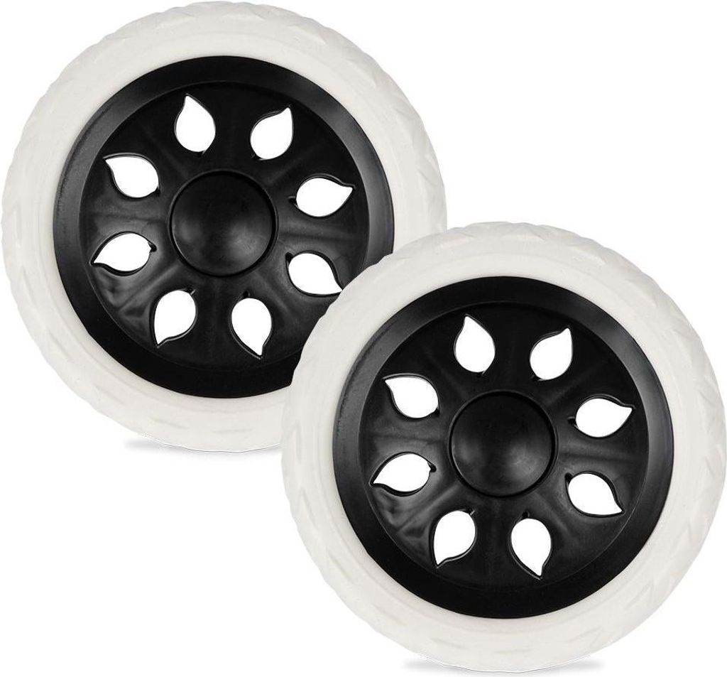 Two white and black wheels for a shopping trolley.