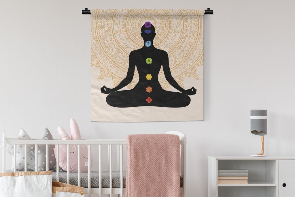 MuchoWow Wandteppich Wandbehang Sieben Chakren auf einer meditierenden Silhouette 90x90 cm Tapisserie Dekoration Wandtuch - Wandaufhänger