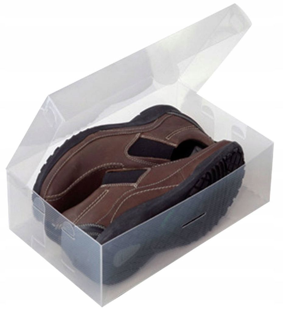 A pair of brown shoes inside a clear plastic shoe box with the lid open.