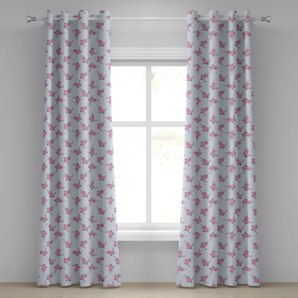 ABAKUHAUS Tenda con occhielli per gli amanti dei gatti, romantici gatti rosa in stile cartone animato che disegnano cuoricini e baffetti, tende decorative a 2 pannelli, 280 cm x 225 cm, grigio chiaro rosa