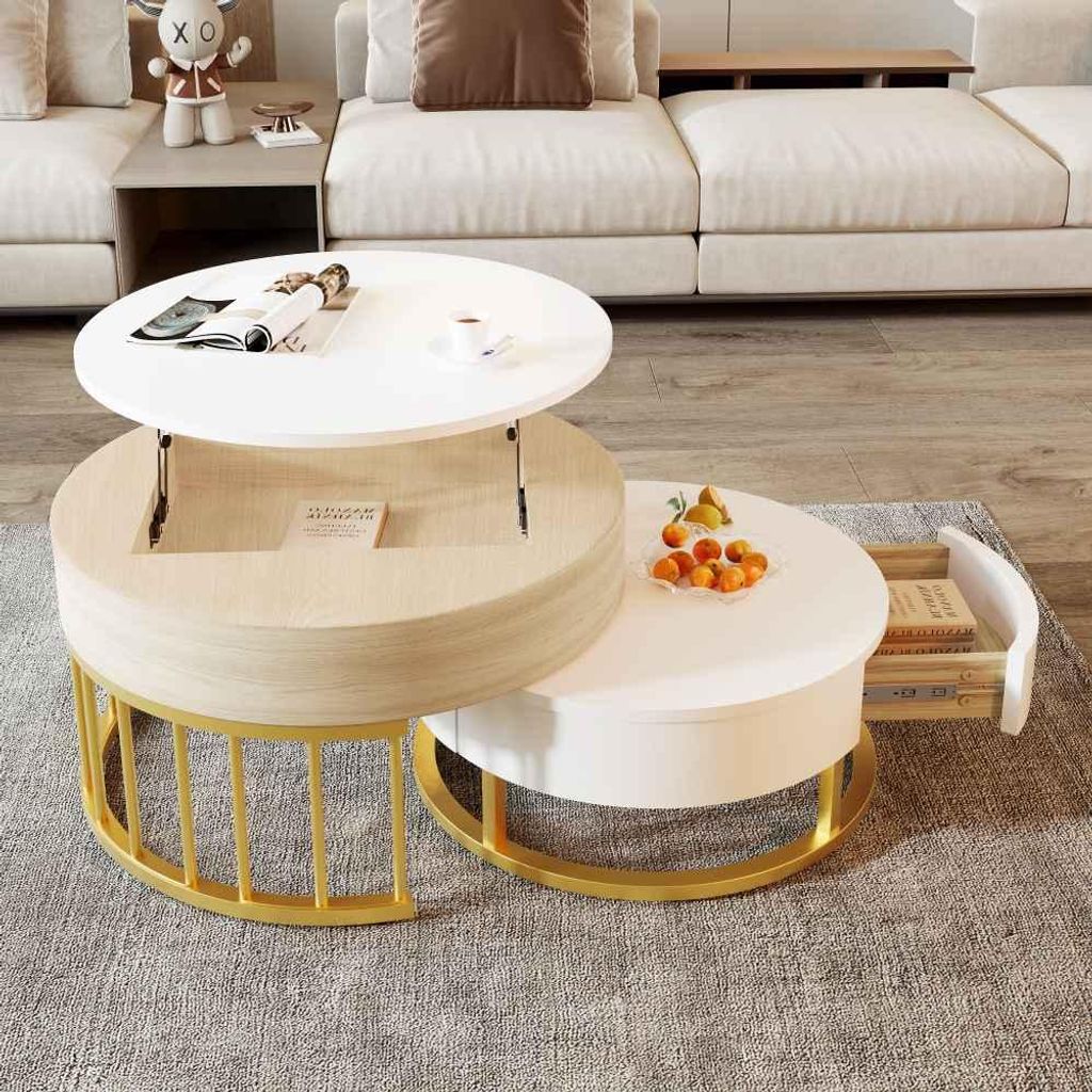 Moderner Couchtisch-Set: Höhenverstellbar, mit Schublade und goldenem Metallgestell, Weiß-Holzoptik, MDF-Korpus, multifunktional, Kombination aus...