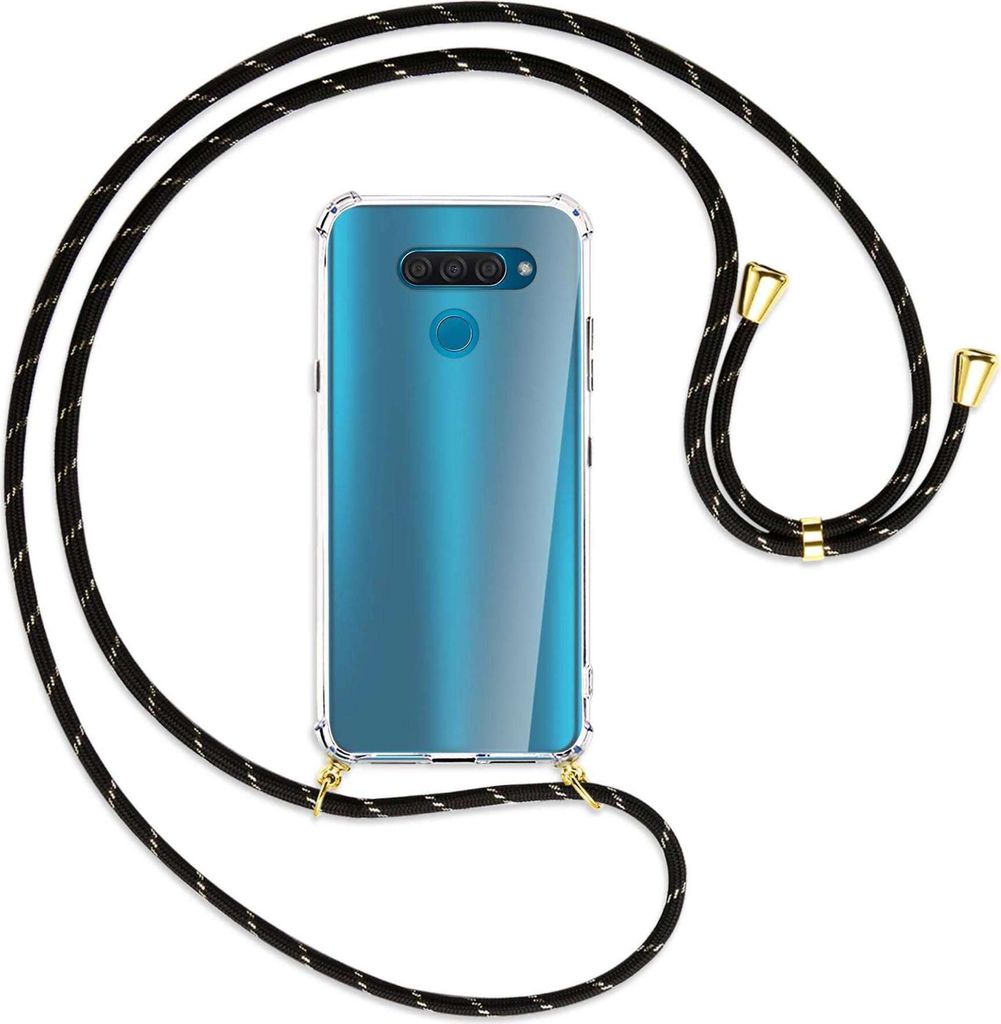 Handykette Backcover-Schutzhülle mit Band (Metall goldfarben) für LG Q60 - schwarz/gold