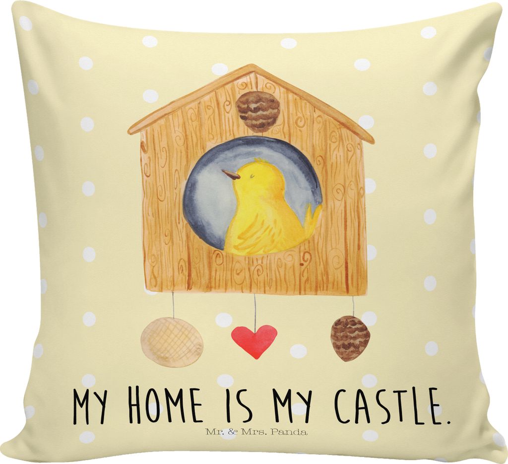 Mr. & Mrs. Panda Deko Kissen Vogel Haus - Gelb Pastell - Geschenk, Eigenheim, 40x40, Zuhause, Sofa, Dekokissen, Vogelhäuschen, Lustige Sprüche, F...