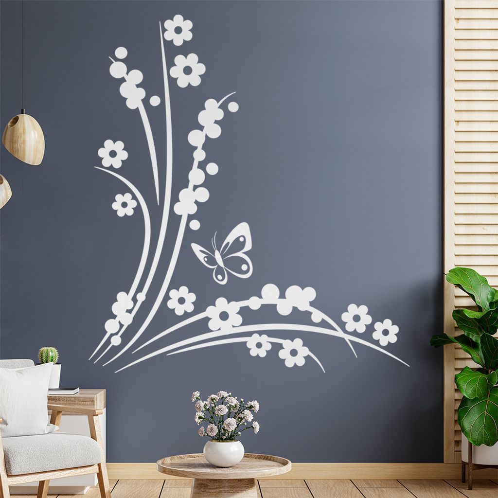 Blüten - Beeren - Schmetterling Wandtattoo in 6 Größen - Wandaufkleber Wall Sticker - Dekoration, Küche, Wohnzimmer, Schlafzimmer, Badezimmer