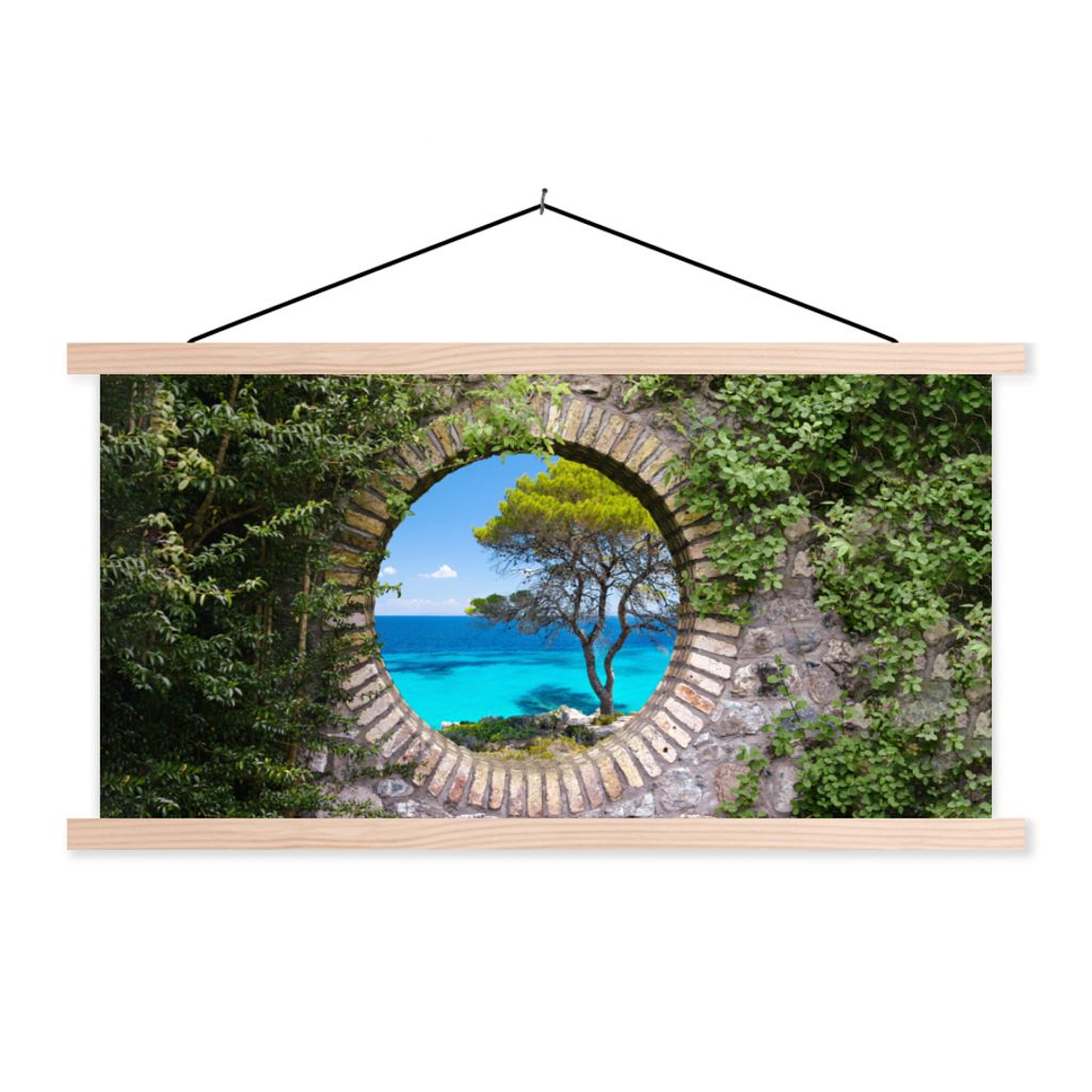 MuchoWow Textilposter Meer - Baum - Tropisch - Ausblick 120x60 cm mit holzfarbenen Rahmen - Klemmleiste