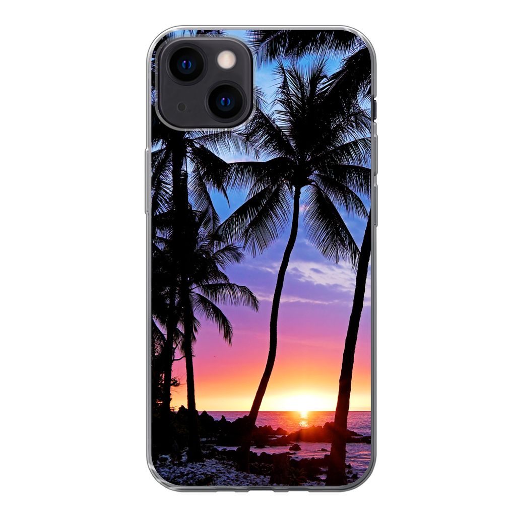 MuchoWow Handyhülle Schutzhülle Hülle für iPhone 13 Der farbenprächtige Sonnenuntergang hinter einer Reihe von Palmen auf Hawaii Silikon Sof...