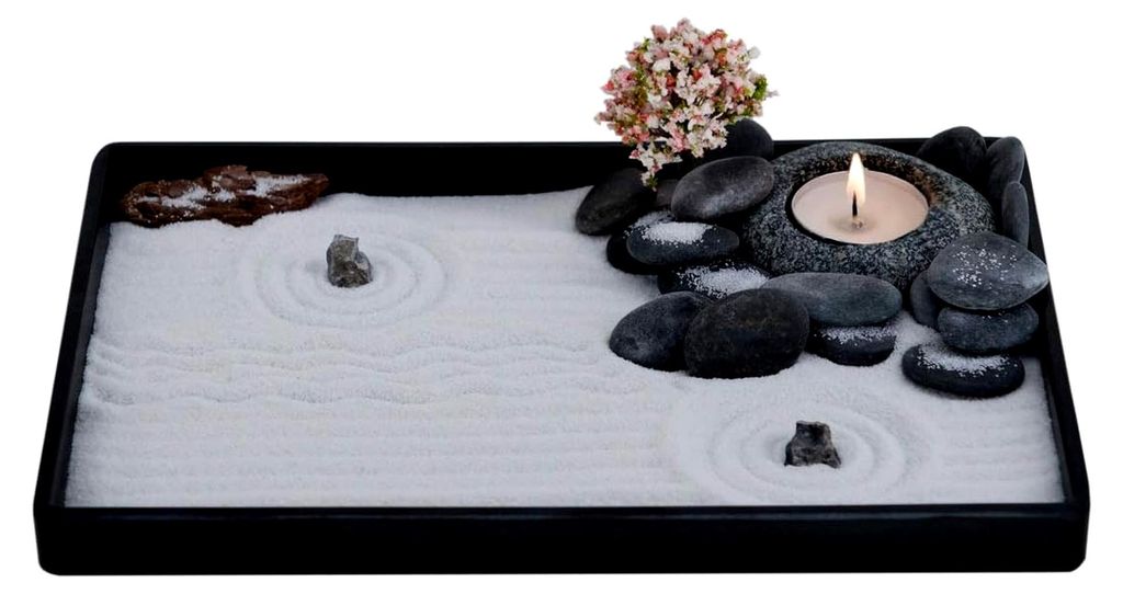 Kerzenhalter aus Zen-Gartenkiesel, handgefertigt, mit Zen-Gartenwerkzeugen, Sand und Zubehör