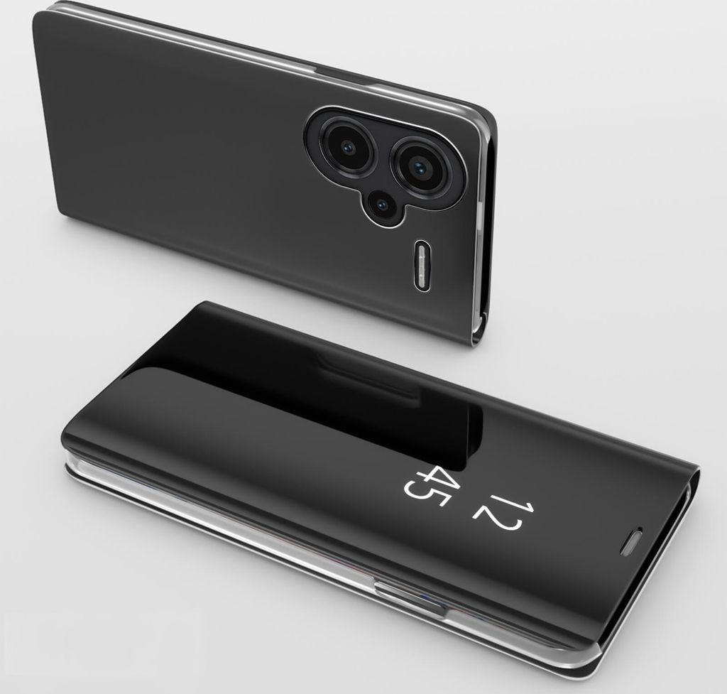 A black smartphone with a clear view flip case is shown on a white background.
