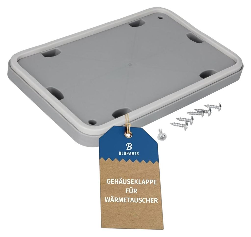 A gray plastic cover with a white rubber seal and a brown tag with blue text.