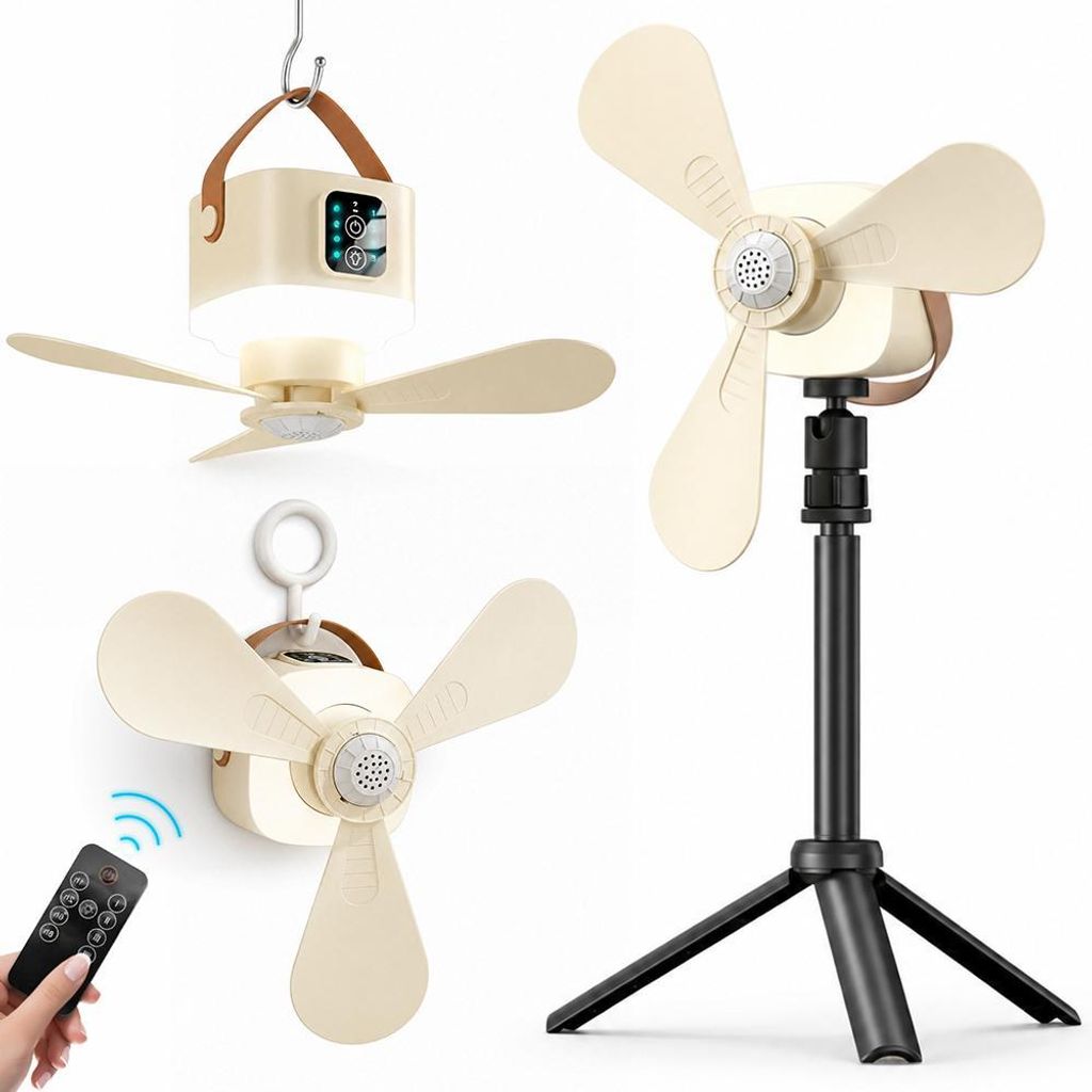 3-in-1 Tischventilator mit Licht Akku, H43cm Mini Camping Produktbild 