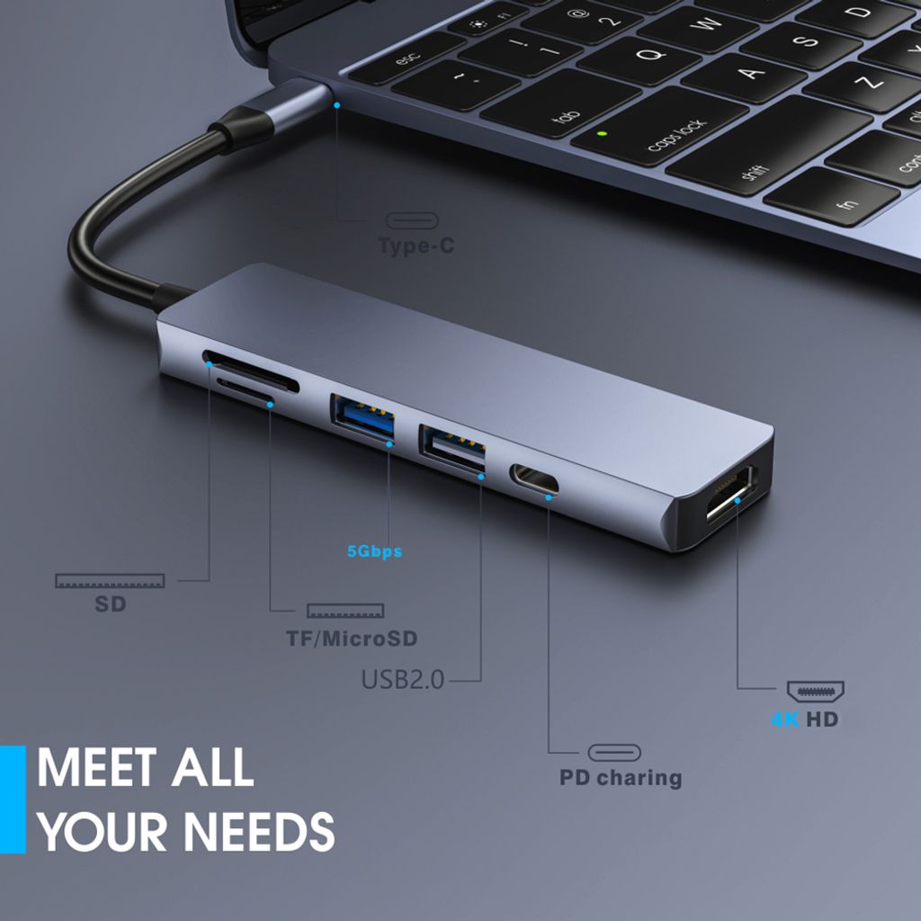 Dj1008 6-in-1 Usb C Hub, Auf Hdmi-kompatible Tf Sd Adapter, Kompatibel für Macbook/pro/air/ Android Phone/ Laptops/ Tablet grau