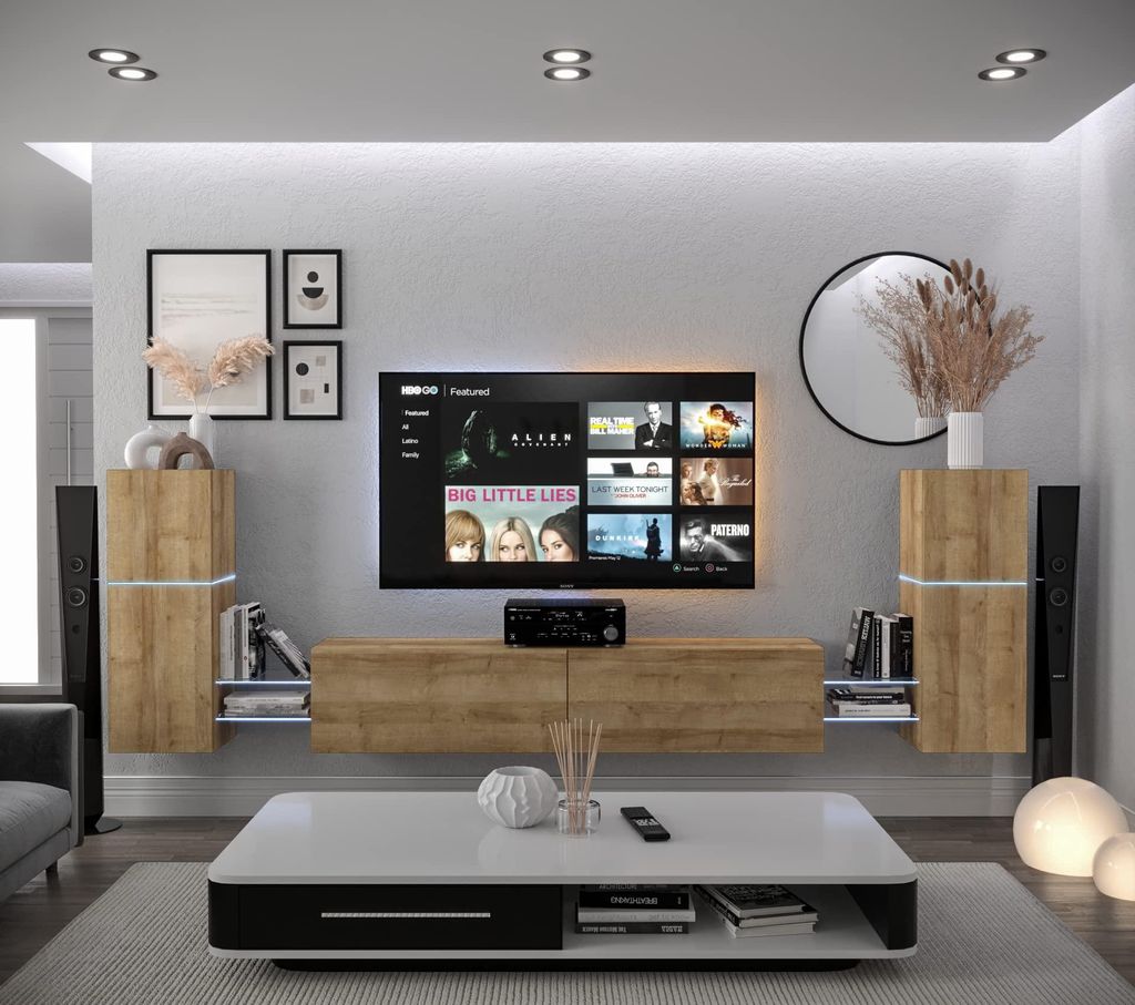 Furnitech Wohnwand Wohnzimmer - Wohnzimmer Möbel mit LED RGB - 16 Farben - Hängend Wohnwand Modern - Regale und TV Schrank (AN104-21DZ-M5-1C)