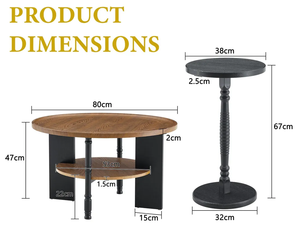 Table basse ronde 80cm avec rangement et table d'appoint en bois - 4