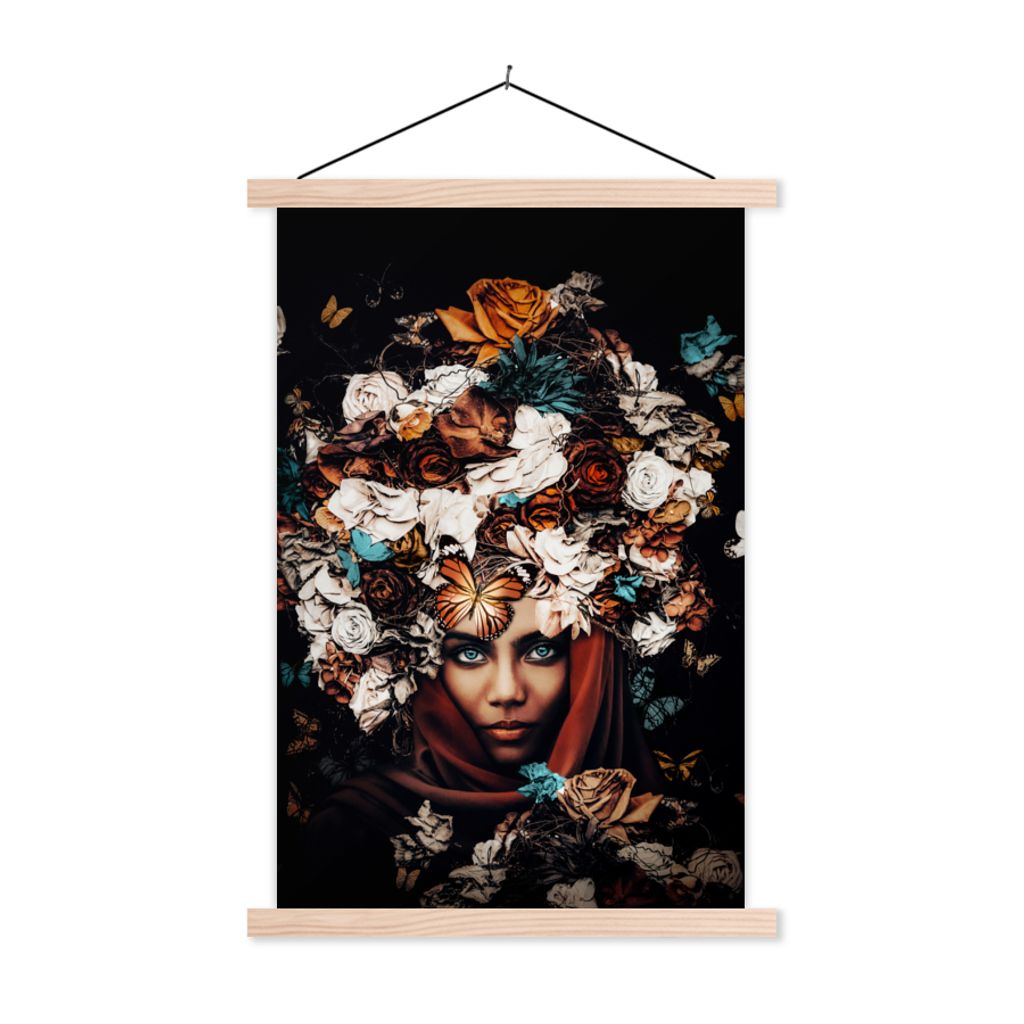 MuchoWow Textilposter Blumen - Schmetterling - Frauen - Kopftuch 120x180 cm mit holzfarbenen Rahmen - Textil-Plakat
