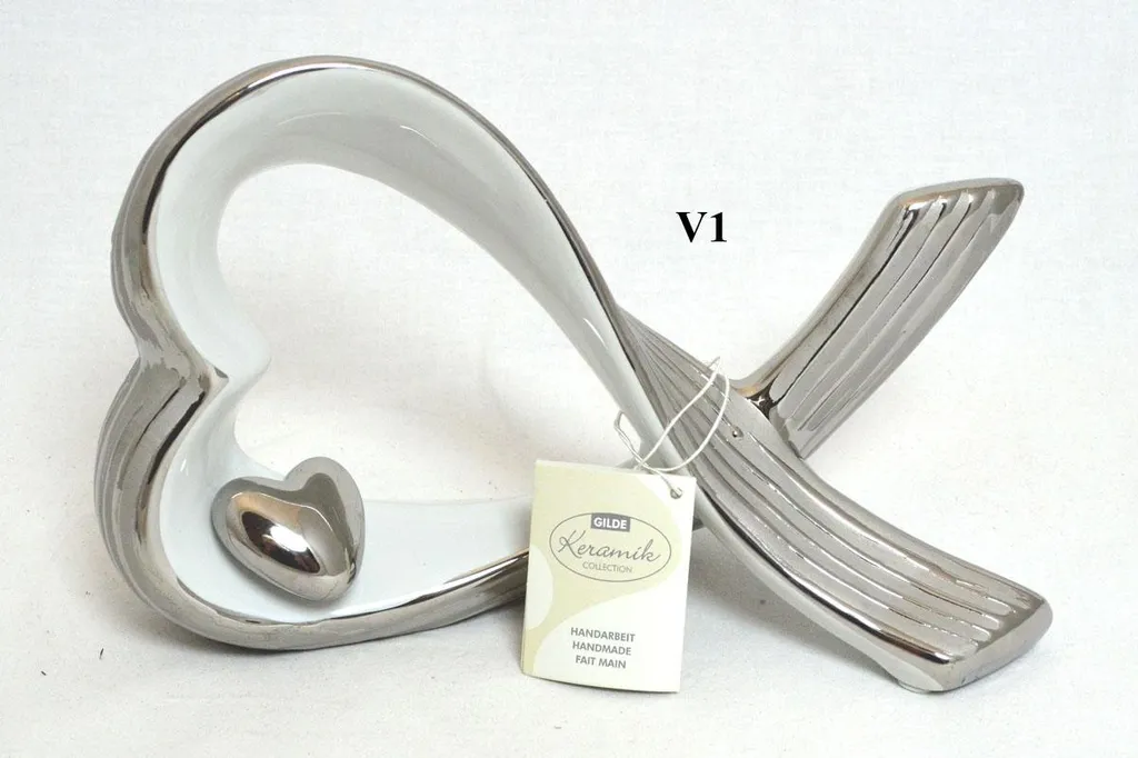 Statue décorative Cœur design en céramique blanc argent 25 cm, 2 pièces - 5