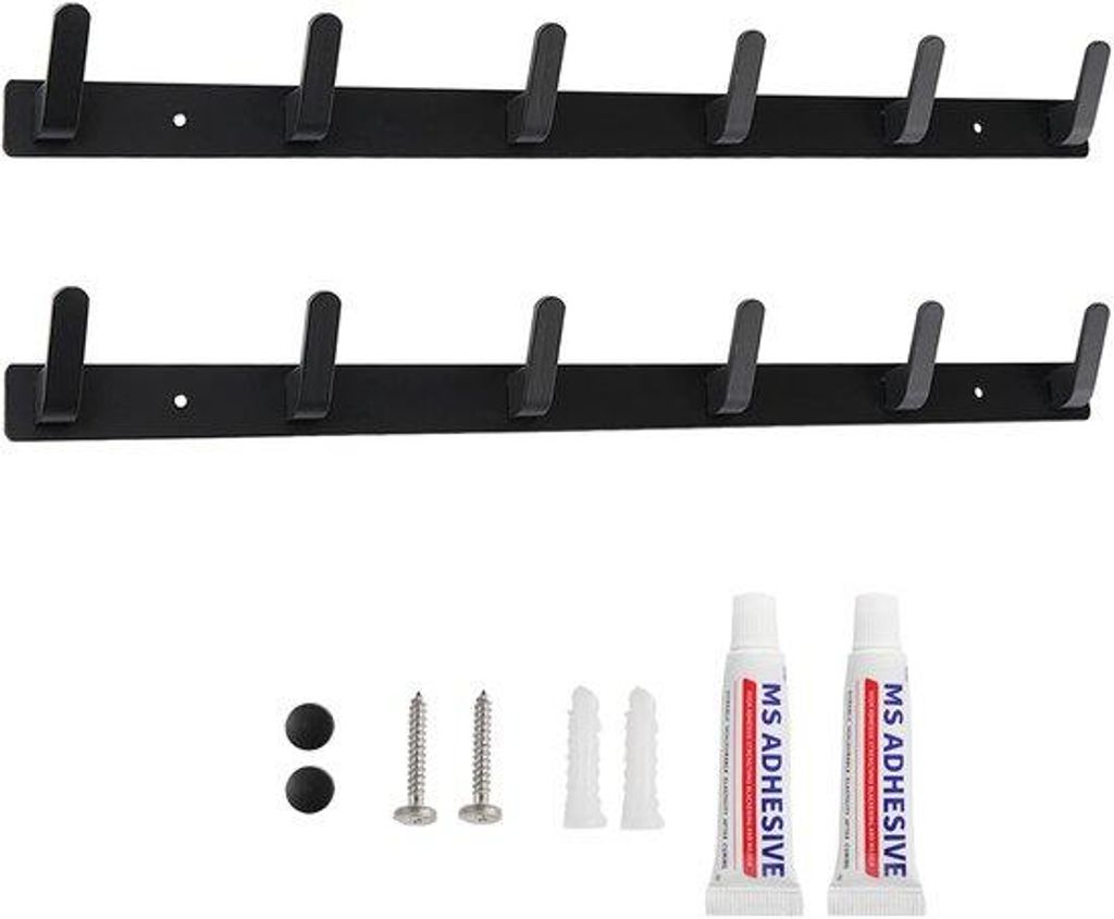 Schwarze Wandhaken, robuste Wandhaken mit 6 Haken für Küche, Bad und Schlafzimmer (2 Stück)