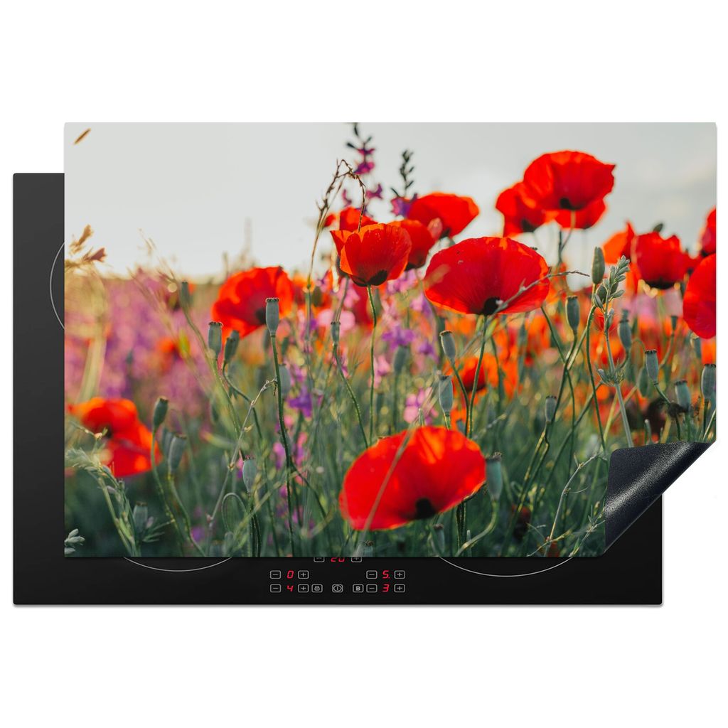 KitchenYeah Herdabdeckplatte Mohn - Blumen - Rot - Lila - Wiese , 78x52cm, Küche Deko, Glaskeramikkochfeld Herdabdeckung, Abdeckplatte fùr Koch...