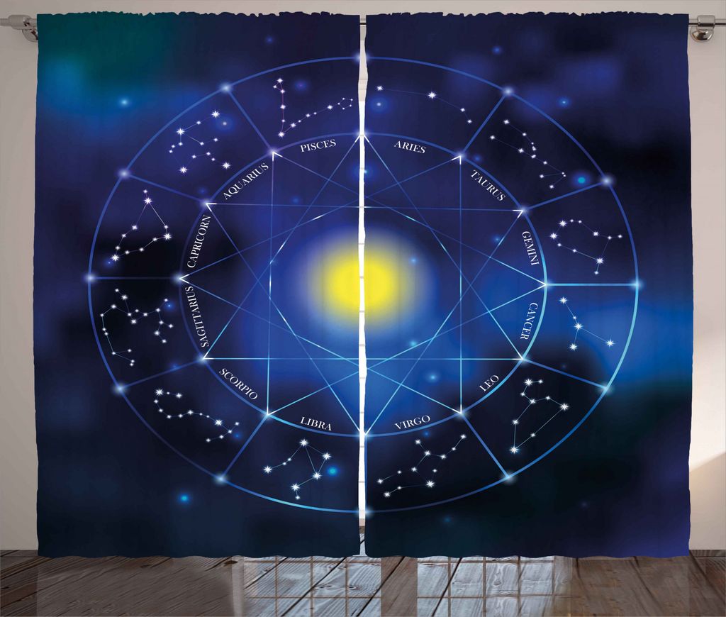 ABAKUHAUS Konstellation Rustikaler Gardine, Tierkreis Sun, Schlafzimmer Kräuselband Vorhang mit Schlaufen und Haken, 280 x 245 cm, Blassblau Indig...