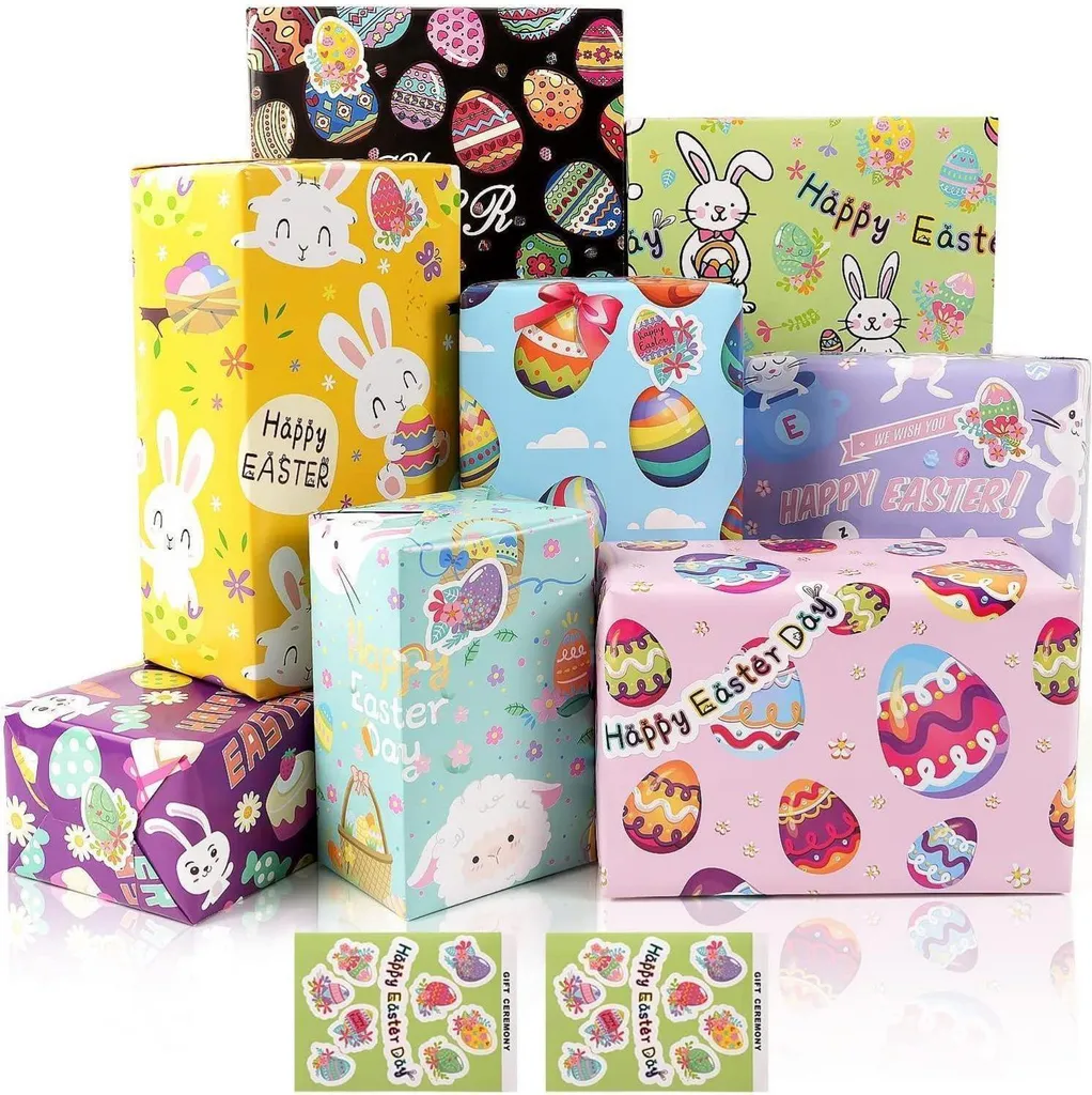 Set de 8 feuilles papier emballage Pâques 50x70cm et étiquettes adhésives