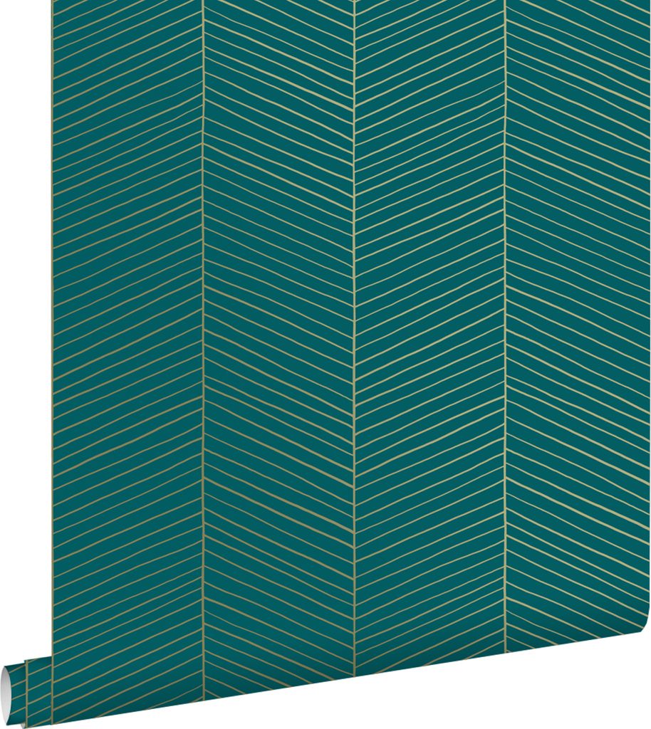 ESTAhome Tapete Fischgrätmuster Smaragdgrün und Gold 53 cm x 10.05 m