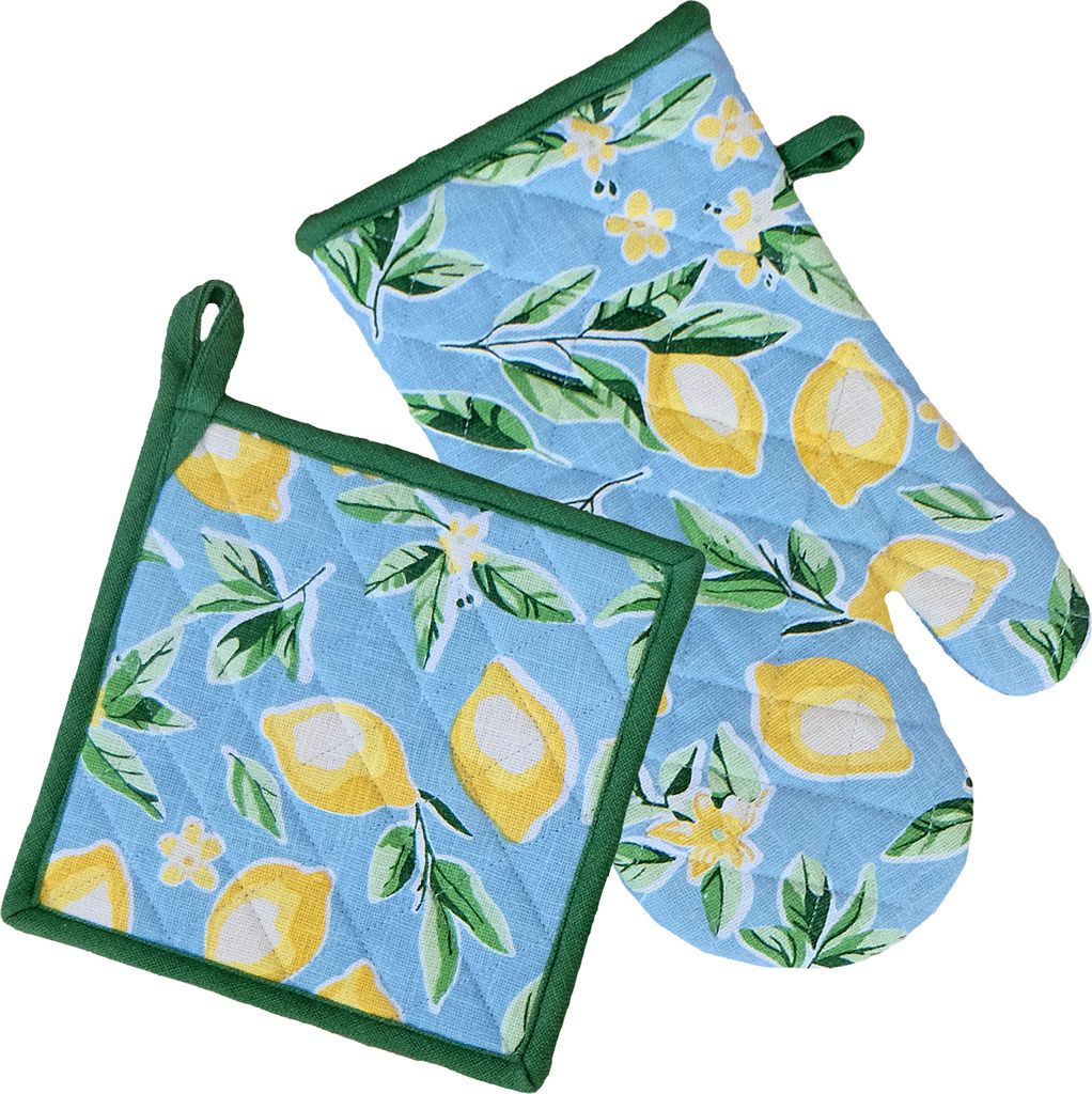Küchen-Set DEBBIE blau Zitronenmotiv - 1 Topflappen & 1 Ofenhandschuh