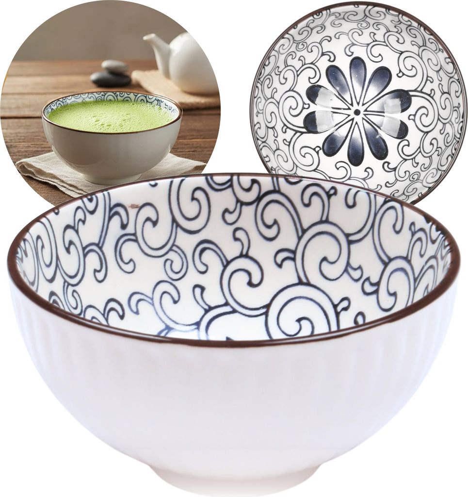 Japanische Tasse, Keramikschale Chawan zum Aufbrühen von Matcha-Tee – blaue Ornamente und Blume 280 ml
