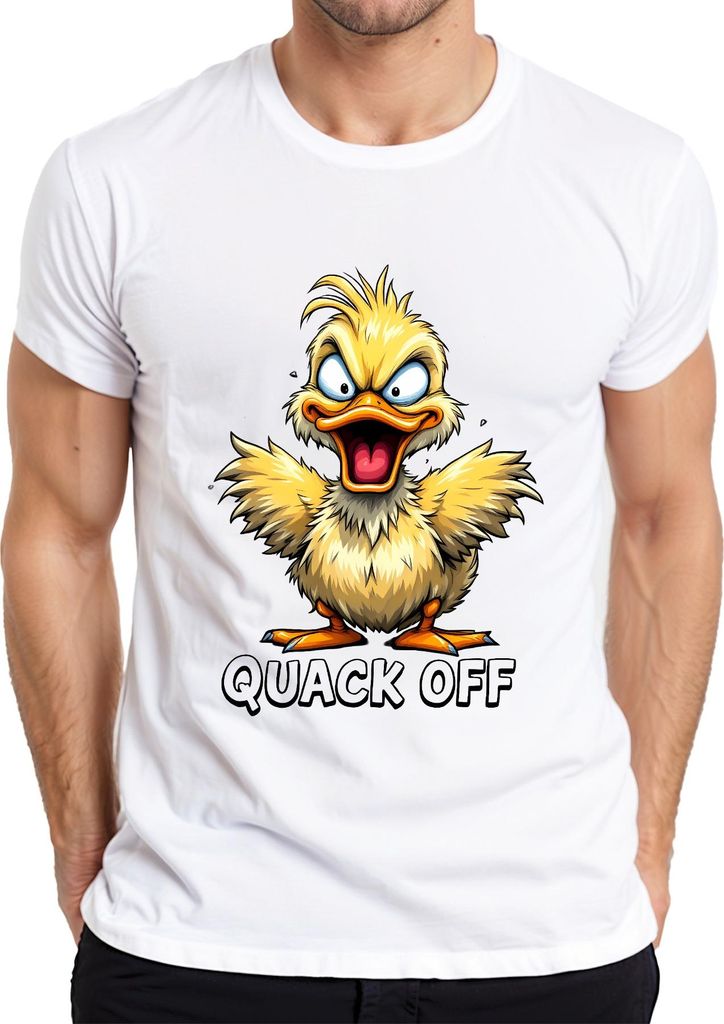 QUACK OFF freche Ente Cartoon lustig sarkastisch schwarzer Humor Herren T-Shirt, Weiß, M