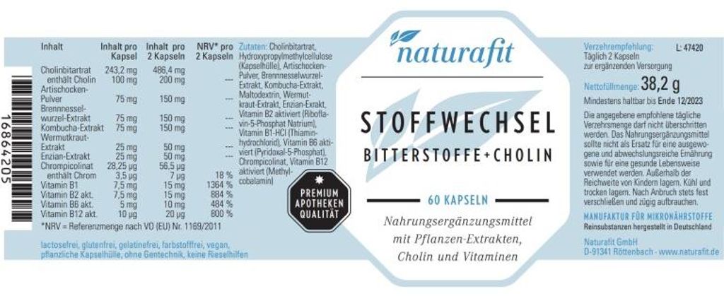 naturafit Stoffwechsel Bitterstoffe + Cholin Kapseln, 60 St. Kapseln