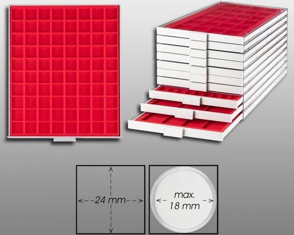 Prophila Collection Münzbox grau 80 eckige Fächer für Münzen bis 24mm, rote Einlage z. B. 3.Reich Münzen