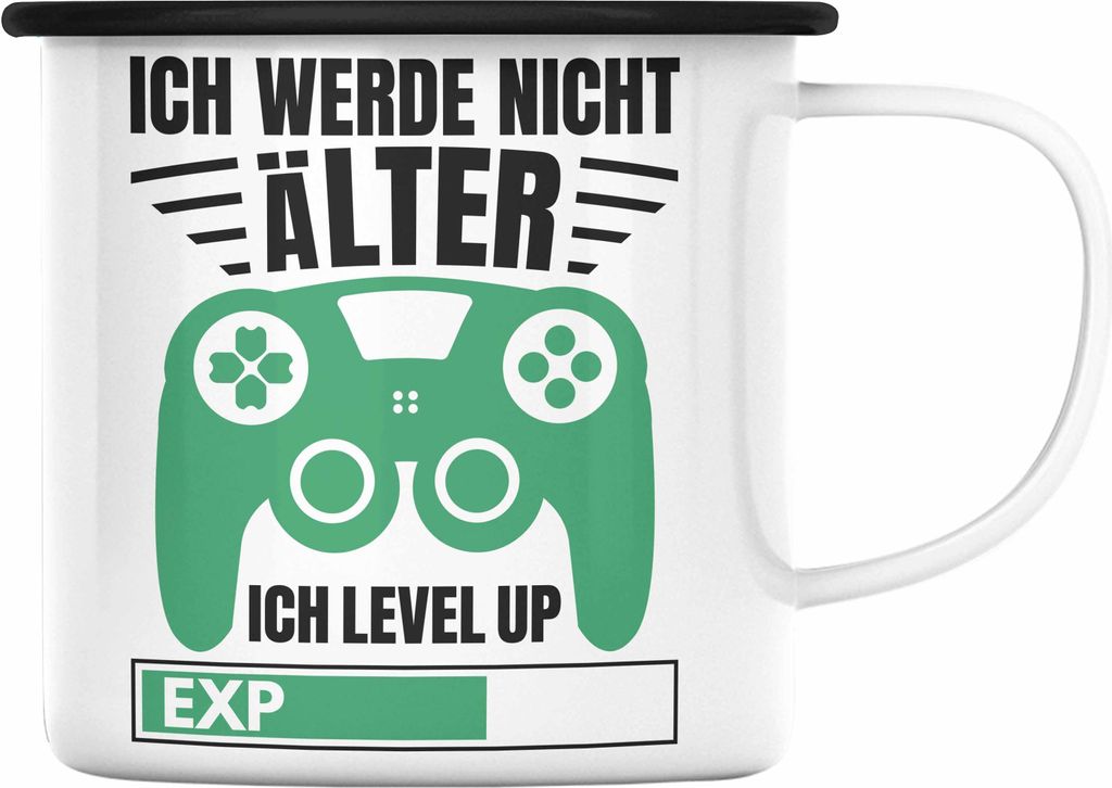 Trendation - Zocker Emaille Tasse Geschenk Gamer Geschenkidee Lustiger Spruch Gaming Geburtstag Ich Level Up (Schwarz)