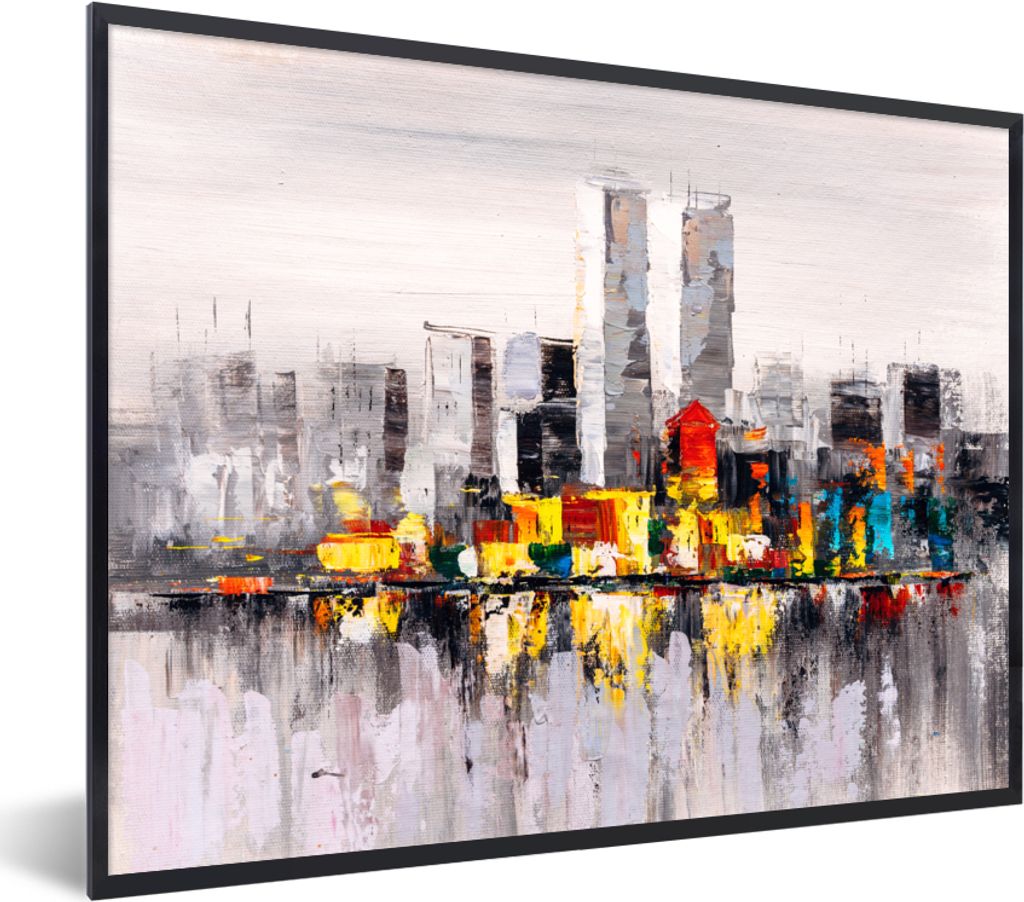 MuchoWow Gerahmtes Poster Gemälde - Skyline - Farben - Ölfarbe 80x60 cm - Poster mit Schwarzem Bilderrahmen Wandposter Rahmen Foto Bilder - Sch...