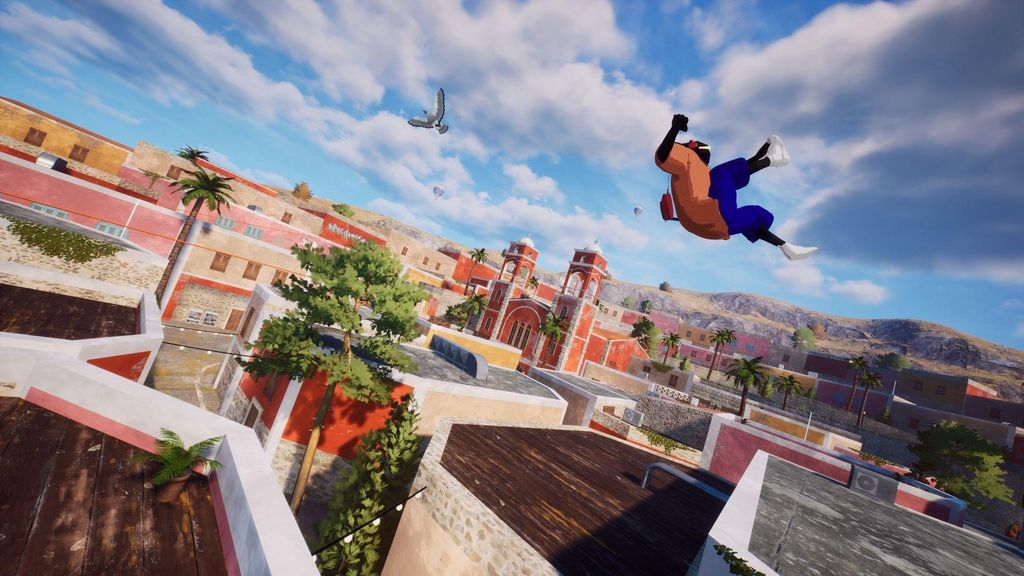 A person is performing a parkour move in a city environment.
