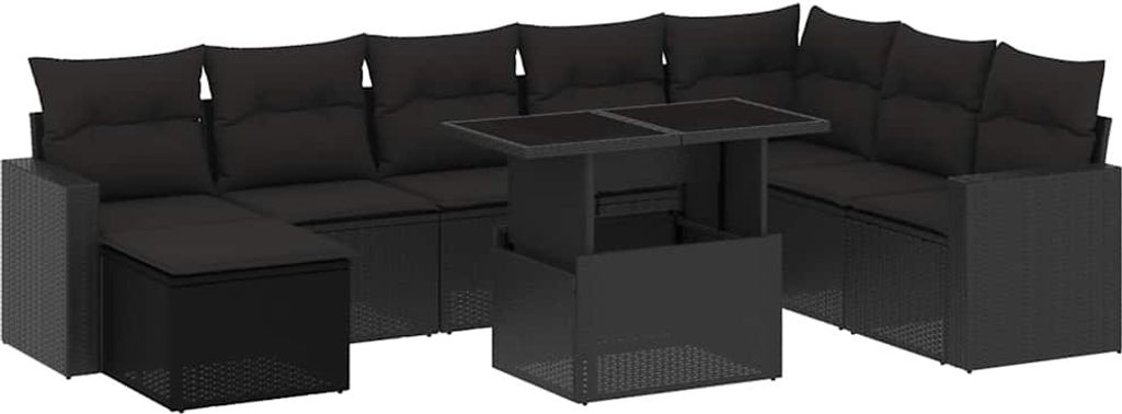 vidaXL 9-tlg. Garten-Sofagarnitur mit Kissen Schwarz Poly Rattan