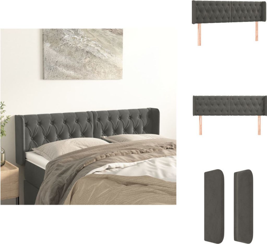 vidaXL Kopfteil mit Ohren Dunkelgrau 147x16x78/88 cm Samt - Kopf- & Fußenden