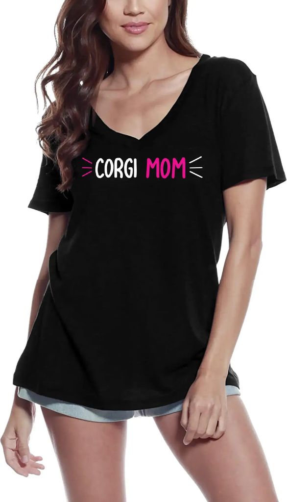 Damen Grafik T-Shirt V-Ausschnitt Corgi Mama - Hund – Corgi Mom - Dog – Öko-Verantwortlich Vintage Jahrgang Kurzarm Lustige Druck Geburtstag G...