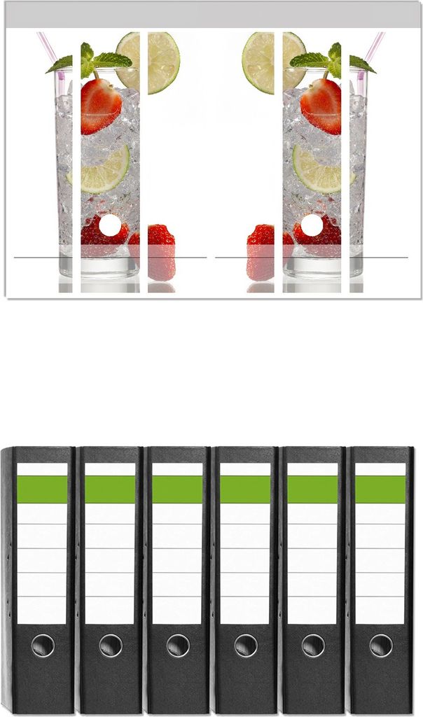 Wallario 6 Stück breite Ordner inkl. Klebeetiketten mit Motive Glas Wasser mit Erdbeeren - Set mit Rückenschildern / Ordnerrücken Stickern