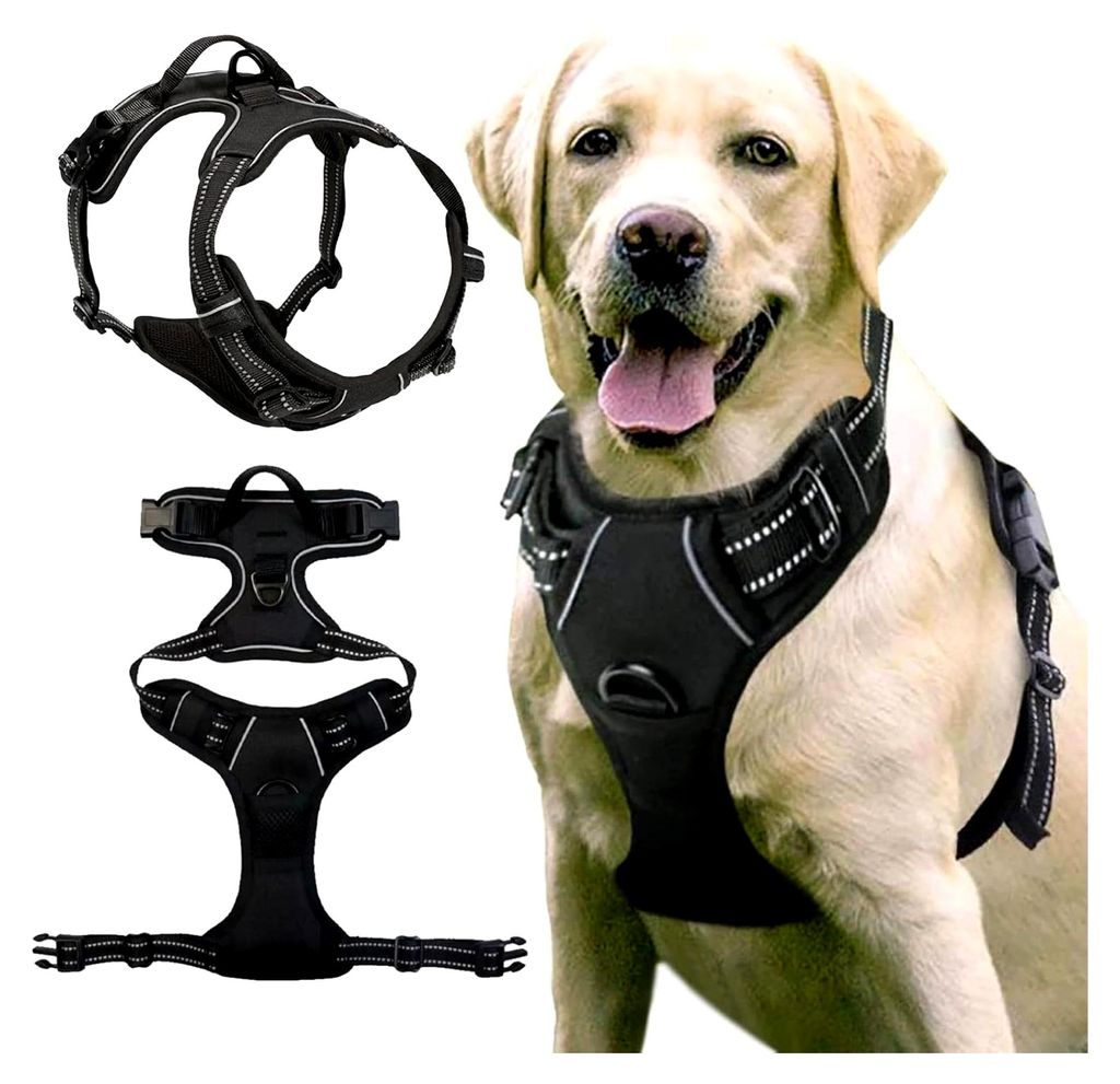Hundegeschirr ohne Zug für große Hunde, atmungsaktives Brustgeschirr mit Reflexstreifen und Kontrolle, verstellbar, weich, schwarz, XL