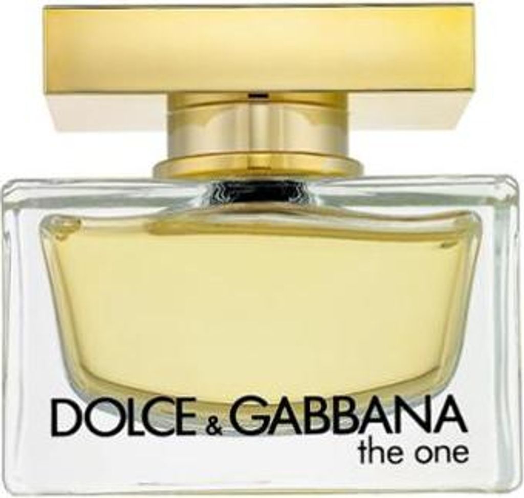 A studio shot of a Dolce & Gabbana The One perfume bottle.
