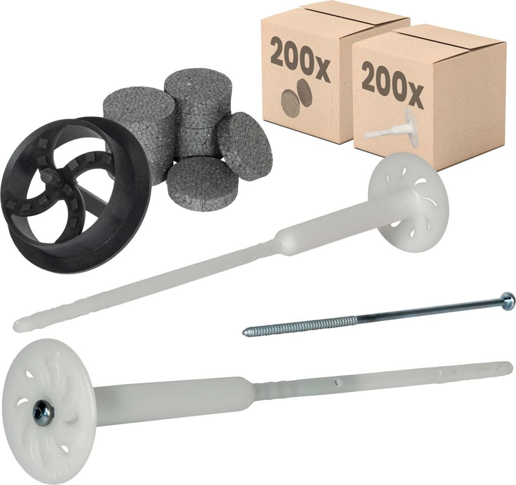 PROTEKTOR 200x Dämmstoff-Schraubdübel Set Ø8x300mm (inkl. 200x Rondelle + 1 Fräser) WDVS Dübel für Fassadendämmung