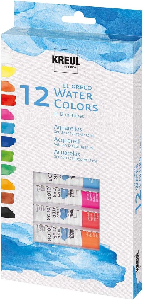 KREUL 26050 - El Greco Aquarellfarben, Grundausstattung für Schule, Kunst und Studium, 12 x 12 ml