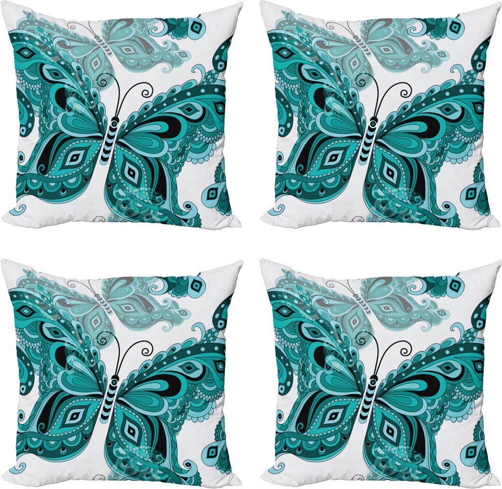 ABAKUHAUS Schmetterling Kissenbezug Set (4 Stück), Ziertiermuster, Moderner Doppelseitiger Digitaldruck, 60 cm x 60 cm, Blassblau Schwarz Teal