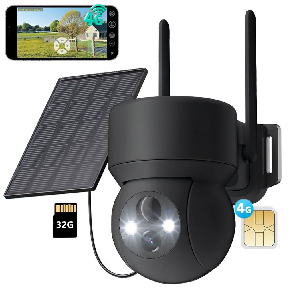 4G LTE Überwachungskamera Aussen Solar mit SIM Karte 2K HD PTZ Kabellos Kamera Ohne WLAN Outdoor Akku Farb Nachtsicht PIR Erkennung mit 32G