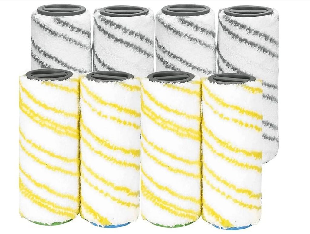 A set of eight paint roller covers, four yellow and four gray, arranged in two rows against a white background.