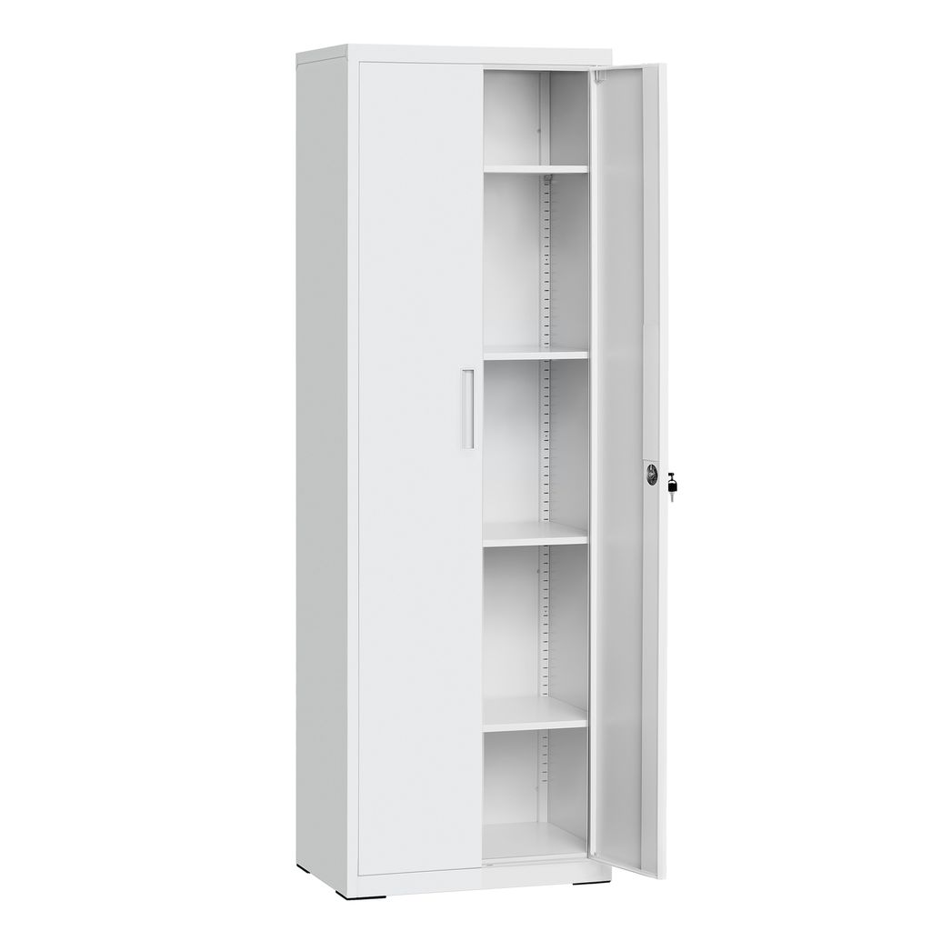 A tall, white metal cabinet with one door ajar.