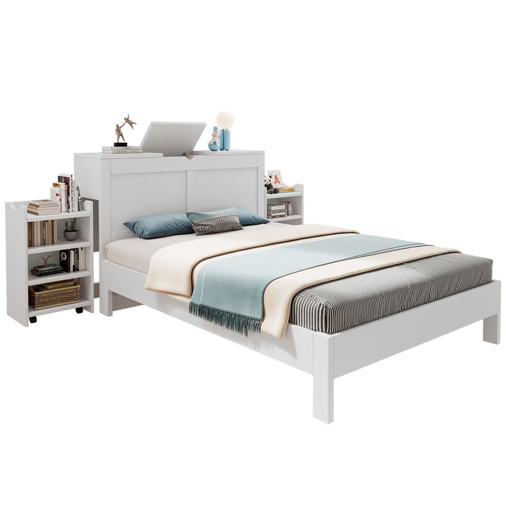 Holzbett 140*200, Doppelbett mit Lattenrost und Kopfteil, Jugendbett mit 2 ausziehbaren Nachttischen, Stauraum am Kopfende,einfache Montage